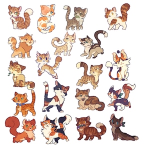 Op de afbeelding: Een verzameling van twintig digitale illustraties met diverse katten in verschillende houdingen en vachtpatronen, waaronder oranje cyperse, lapjeskatten, bruin gestreepte en effen bruine katten, allemaal weergegeven in een cartoonachtige stijl.