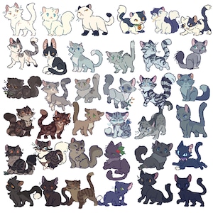 Op de afbeelding: Een digitale illustratie met een verzameling van dertig kleine, gestileerde katten in verschillende houdingen, kleuren en patronen, waaronder cyperse, effen en gevlekte vachten, gerangschikt in een raster op een witte achtergrond.