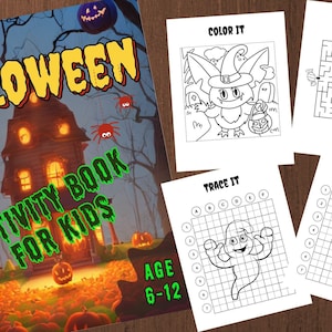 May include: A Halloween activity book for kids, featuring a haunted house illustration and the text "Halloween Activity Book for Kids". Includes coloring pages, mazes, and tracing activities. Recommended for ages 6-12.