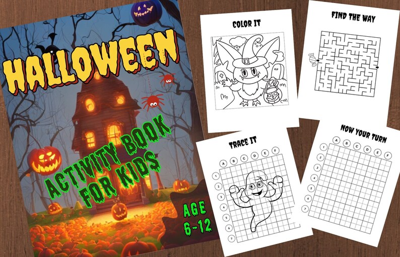 May include: A Halloween activity book for kids, featuring a haunted house illustration and the text "Halloween Activity Book for Kids". Includes coloring pages, mazes, and tracing activities. Recommended for ages 6-12.