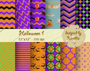 May include: A collection of Halloween-themed digital papers. The designs include patterns with zigzags, stripes, bats, and geometric shapes in orange, purple, black, and green. The text "Halloween 1" and "12"x12" - 350 dpi" are also visible.