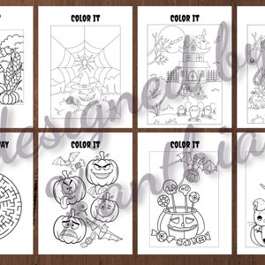 May include: A collection of eight black and white Halloween-themed coloring pages. The pages feature various illustrations, including a scarecrow, pumpkins, a haunted house, a witch, a maze, and bats. Each page has the text "COLOR IT" or "FIND THE WAY".