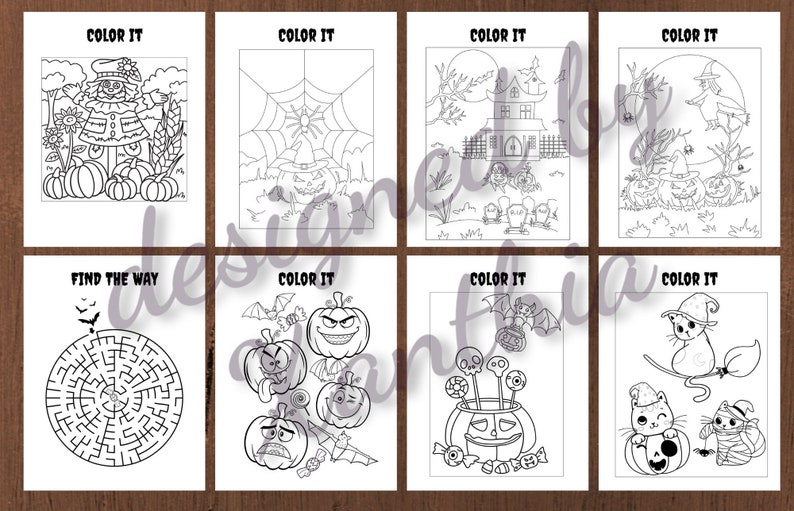 May include: A collection of eight black and white Halloween-themed coloring pages. The pages feature various illustrations, including a scarecrow, pumpkins, a haunted house, a witch, a maze, and bats. Each page has the text "COLOR IT" or "FIND THE WAY".