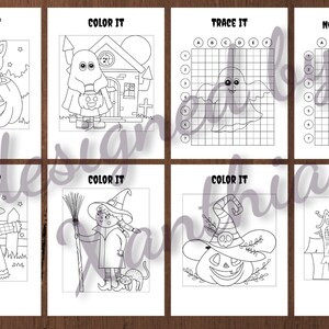 May include: A collection of Halloween-themed coloring and activity pages. Each page features a different design, including a cat in a pumpkin, a ghost, a scarecrow, a witch, and a haunted house. The pages are outlined in black and white, ready for coloring.