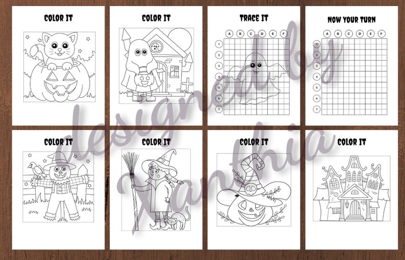 May include: A collection of Halloween-themed coloring and activity pages. Each page features a different design, including a cat in a pumpkin, a ghost, a scarecrow, a witch, and a haunted house. The pages are outlined in black and white, ready for coloring.