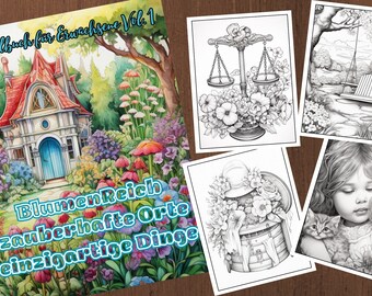 May include: A collection of coloring book pages featuring floral and garden themes. The cover of the book displays a watercolor illustration of a whimsical house in a flower garden. Other pages show line art of flowers, a swing, and a girl with a kitten.