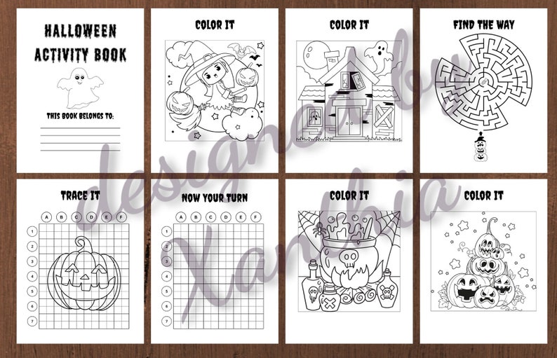 May include: A Halloween Activity Book with various coloring and activity pages. The book includes a maze, coloring pages with a witch, haunted house, and pumpkins. The cover reads "Halloween Activity Book" and "This book belongs to."