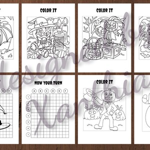 May include: A collection of eight Halloween-themed coloring and activity pages. Each page features black and white illustrations of pumpkins, bats, witches, and other spooky characters. Some pages include the text "COLOR IT", "TRACE IT", and "NOW YOUR TURN".