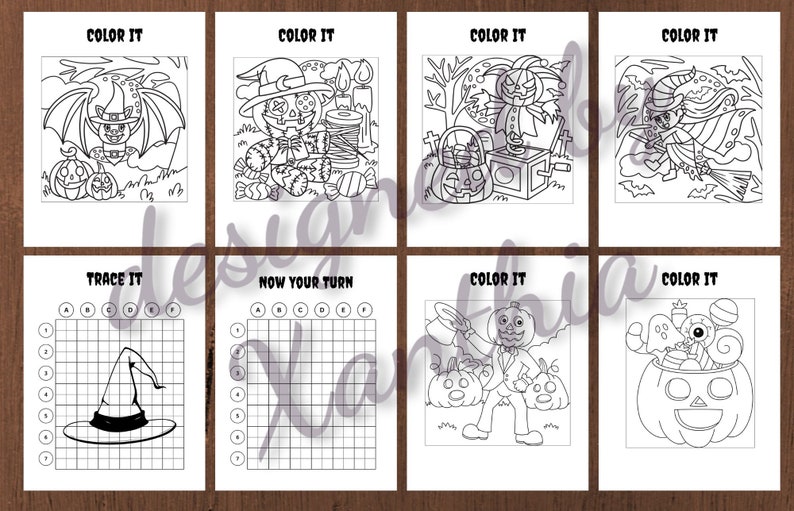 May include: A collection of eight Halloween-themed coloring and activity pages. Each page features black and white illustrations of pumpkins, bats, witches, and other spooky characters. Some pages include the text "COLOR IT", "TRACE IT", and "NOW YOUR TURN".