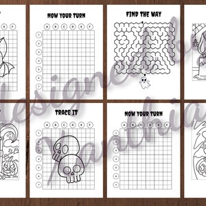 May include: A collection of Halloween-themed activity pages. Each page features a different activity, including tracing, mazes, and coloring. The illustrations include bats, ghosts, skulls, and other spooky characters. The pages are printed in black and white.