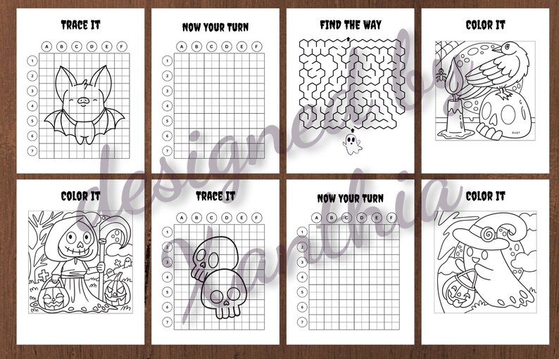 May include: A collection of Halloween-themed activity pages. Each page features a different activity, including tracing, mazes, and coloring. The illustrations include bats, ghosts, skulls, and other spooky characters. The pages are printed in black and white.