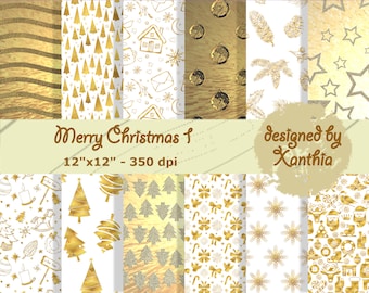 May include: A collection of gold and white Christmas-themed digital papers. Designs include Christmas trees, ornaments, stars, and snowflakes. The text "Merry Christmas 1" and "designed by Xanthia" are visible. Each paper is 12"x12".
