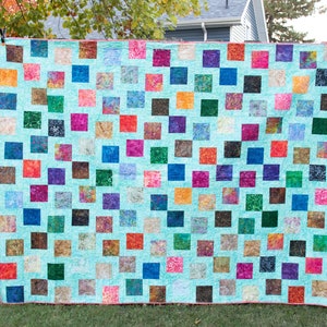 Teal Quilt with Batik Fabric, Colorful Batik Hand-Dyed Bed Quilt, Geometric Quilt with Squares, Aqua Quilt Made in USA, Artisan Quilt Gift