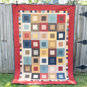 Country Squares Quilt, Handmade Quilt for Her, Patchwork Quilt Gift for Mom, Grandma Quilt for Sale, Farmhouse Decor, USA Country Quilt