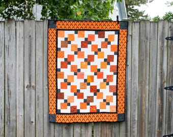 Handmade Quilt for Fall Decor, Halloween Gift Patchwork Quilt, Modern Quilt Fall Gift, Fall Quilt, Autumn Quilt, Orange Quilt for Fall Gifts