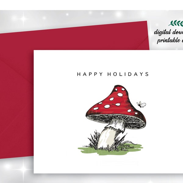 Printable Holiday Mushrom Note Card, Adorable Red and White Polka Dot Mushroom Card, Print Your Own 4.25x5.5 Note Cards, Cute Mushroom Video