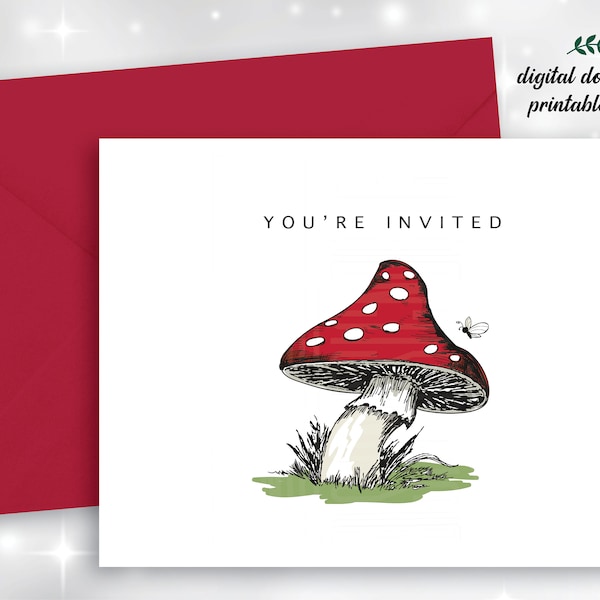 Printable Mushroom Invitation Card, Adorable Red and White Polka Dot Mushroom Card, 4.25x5.5 Note Card, Print Your Own Card, Video