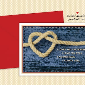 Tarjeta de San Valentín de corazón imprimible, Nudo de amor de corazón de cuerda, Western, Country, Vaquero, Vaquera, San Valentín, Aniversario, Propuesta, Tarjeta de cumpleaños