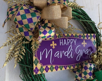 Mardi Gras Grapevine Wreath, Fat Tuesday Wreath Door Porch Hanger, Louisiana Wreath, New Orleans Wreath