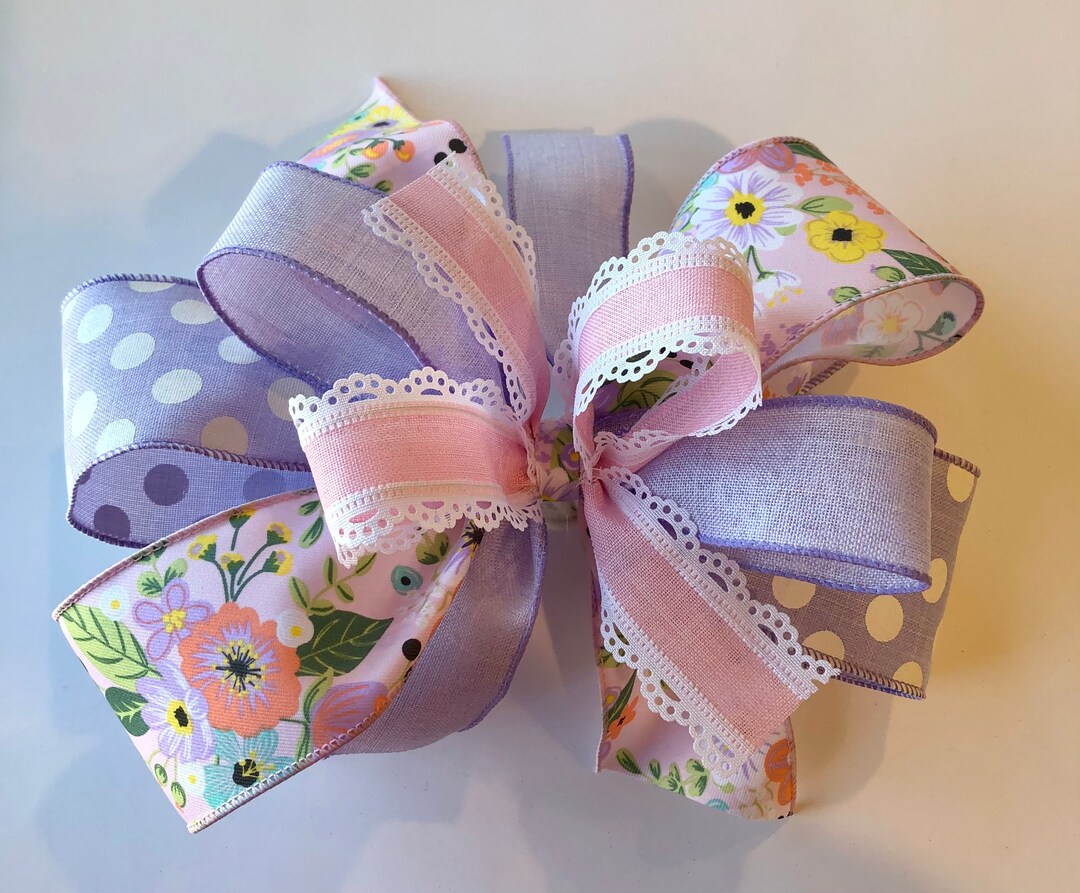 Spring Wreath Bow, Pink Floral, Lavender Dot, Lace Bow for Your Wreath ...