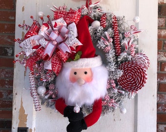 Whimsical Santa Candy Theme Wreath, Christmas Front Door Hanger, Front Porch Cute Candy Cane and Lollipop Wreath