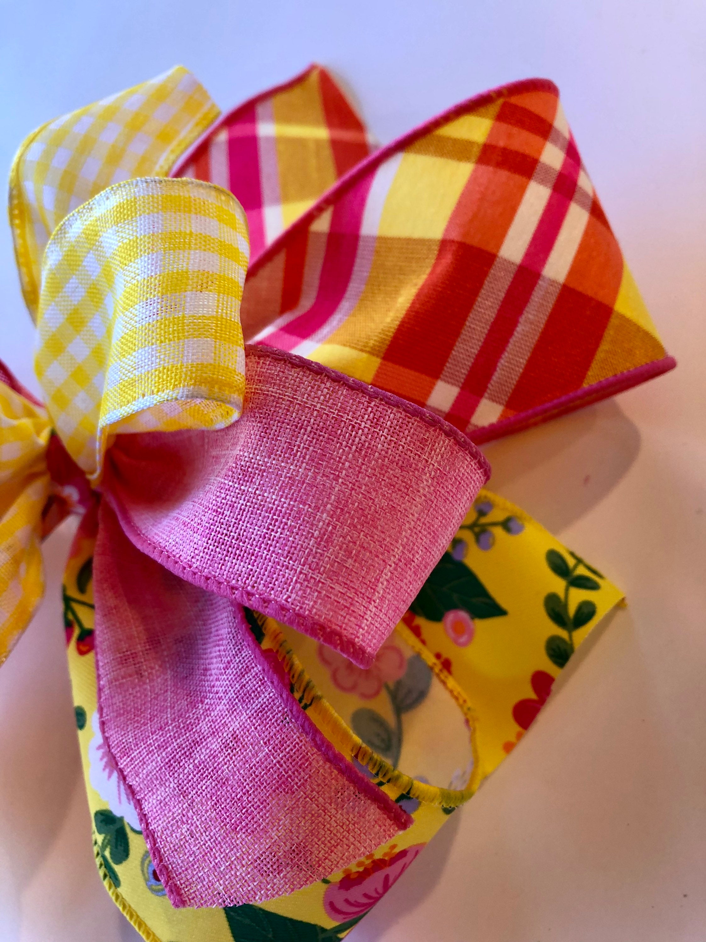 Spring Summer Wreath Bow, Pink Floral, Pink & Yellow Plaid, Gingham Bow ...