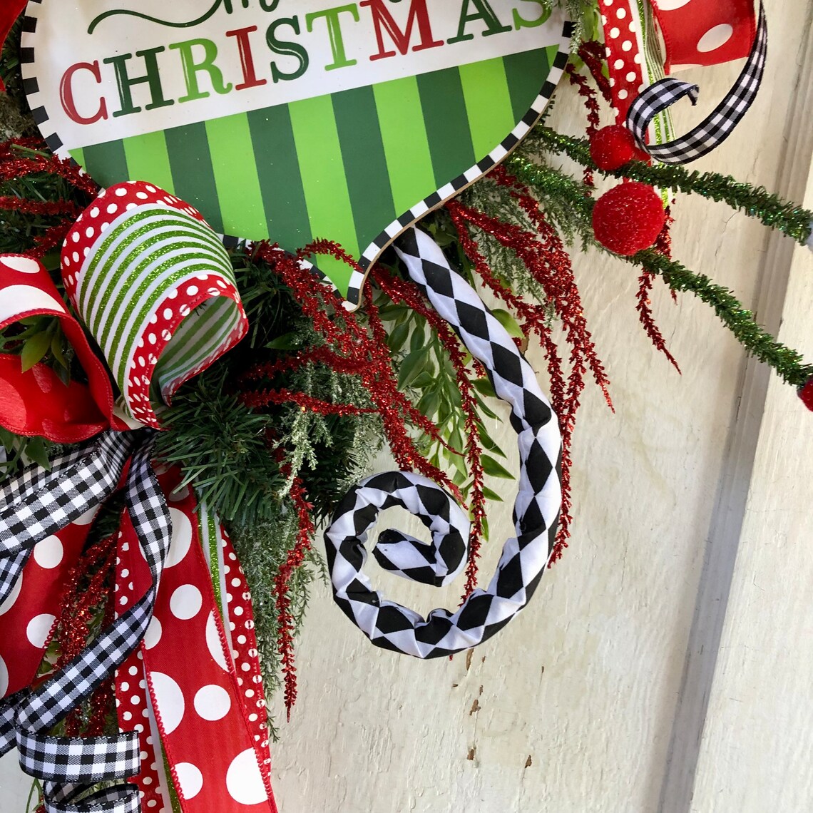 Whimsical Christmas Teardrop Swag Wreath in Lime Green Red for Etsy