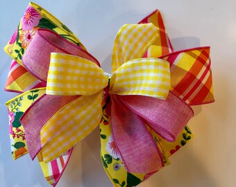 Spring Summer Wreath Bow, Pink Floral, Pink & Yellow Plaid, Gingham Bow for your Wreath, Porch, Doorway, Mailbox, Lantern, Swag Pastel Decor