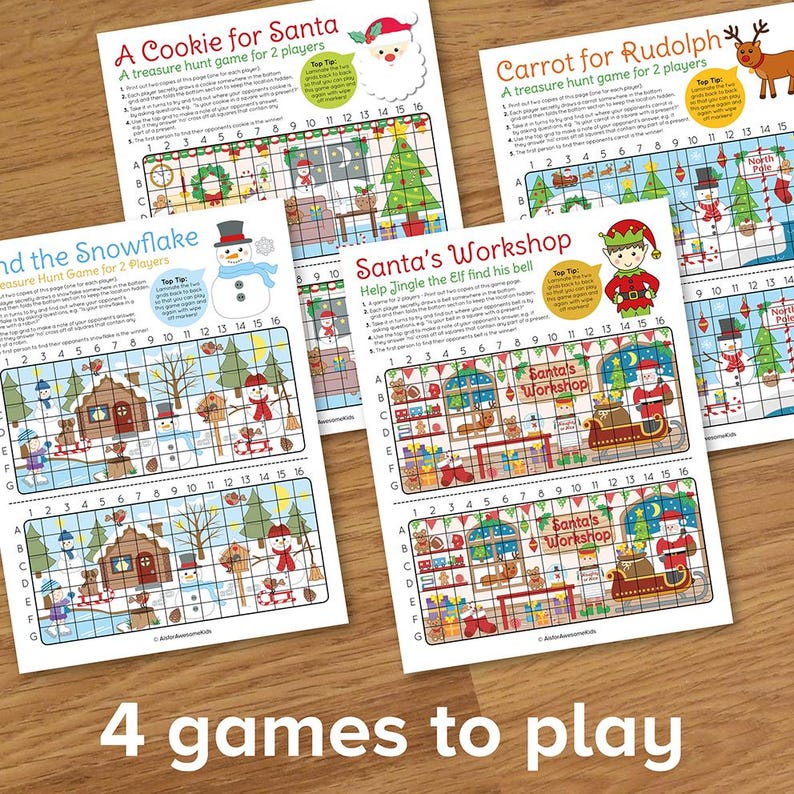 May include: Four printable Christmas-themed treasure hunt games for kids. Each game features a grid with a different holiday scene, such as Santa's workshop, a snowman, and a gingerbread house. The games are titled "A Cookie for Santa", "Carrot for Rudolph", "Find the Snowflake", and "Santa's Workshop".