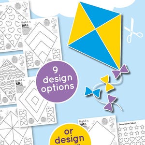 K&ouml;nnte beinhalten: Ein Bastelset f&uuml;r Kinder mit dem Text "BUILD A KITE CUT & PASTE CRAFT". Das Set enth&auml;lt Vorlagen f&uuml;r Drachendesigns, eine fertige Drachenillustration und den Text "9 design options" und "or design your own!"