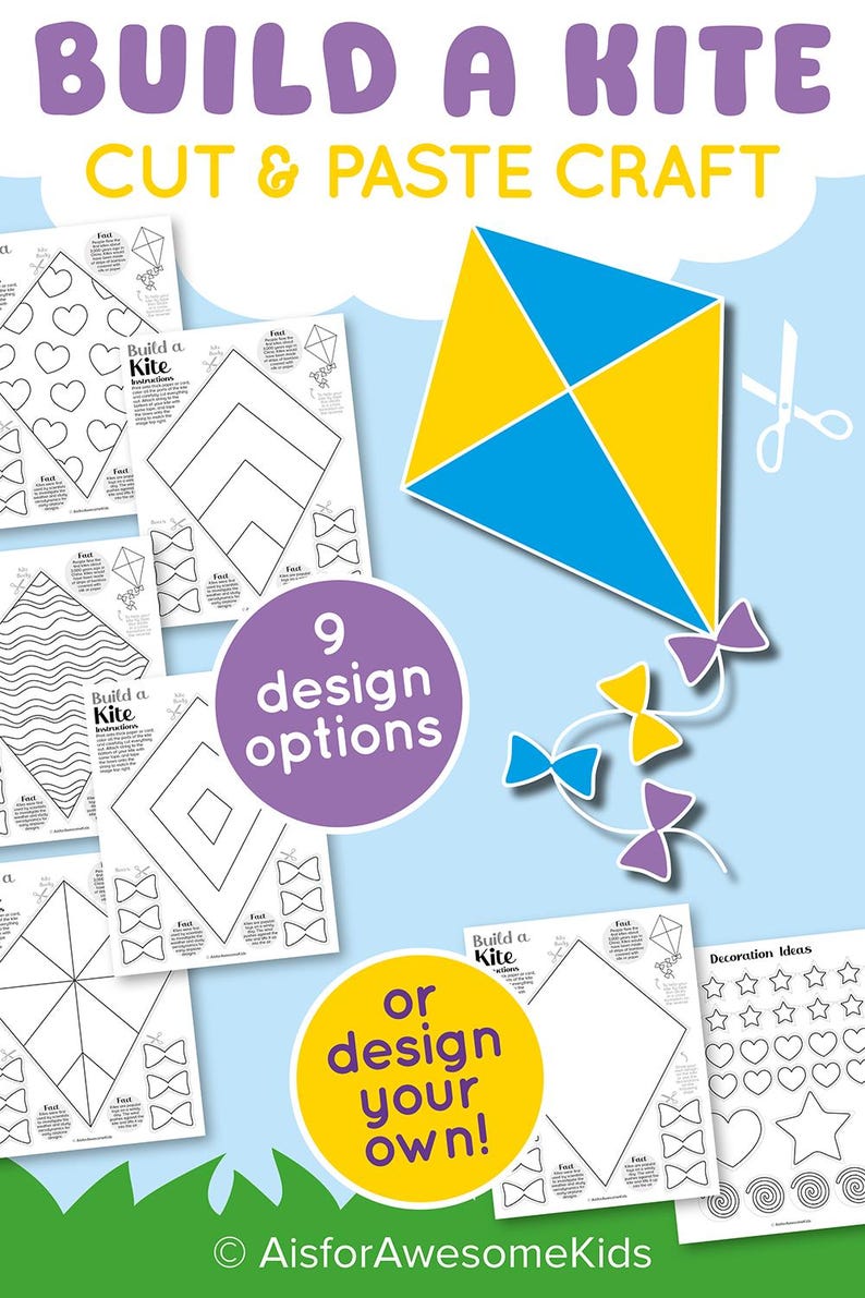 K&ouml;nnte beinhalten: Ein Bastelset f&uuml;r Kinder mit dem Text "BUILD A KITE CUT & PASTE CRAFT". Das Set enth&auml;lt Vorlagen f&uuml;r Drachendesigns, eine fertige Drachenillustration und den Text "9 design options" und "or design your own!"