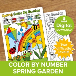 Spring Color By Number Worksheet, Minibeast Garden Picture Reveal, Rainbow Art Educational Math Printable, Summer Bugs Sums Colouring Page