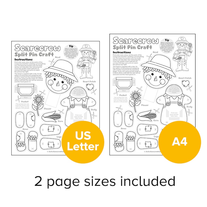May include: Black and white printable craft activity for kids to make a scarecrow. The printable includes instructions and a template for a scarecrow with a hat, heart patch, pocket, flower, corn, arms, and legs. The printable is available in two sizes: US Letter and A4.