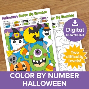 以下が含まれることがあります： ハロウィーンをテーマにした、数字で色を塗る印刷可能なページが2つ。1つのページは、モンスター、幽霊、カボチャで着色されています。もう1つのページは白黒の輪郭です。テキストには「デジタルダウンロード」と「2つの難易度レベル！」が含まれています。