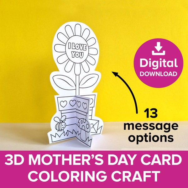 3D Flower Greetings Card Craft, Mother's Day Gift Printable, Valentine's Note BFF Present, Friend Birthday Greetings Card Coloring Activity