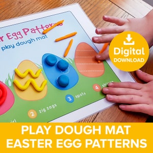 May include: A printable play dough mat with five Easter egg shapes. Each egg has a different pattern to recreate with play dough: zig zags, spots, stripes, swirls, and circles. The mat includes the words "Play Dough Mat Easter Egg Patterns" and "Digital Download".