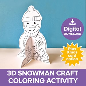 Artesanato de Natal de boneco de neve 3D, kit de colorir de inverno autônomo, cartão de felicitações pop-up festivo para impressão, presente de decoração de papel para crianças