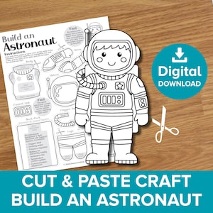 Astronauta ritaglia e incolla, burattino astronauta da colorare e costruire, arte con bambola di carta per bambini, attività educativa stampabile di astronomia con tuta spaziale
