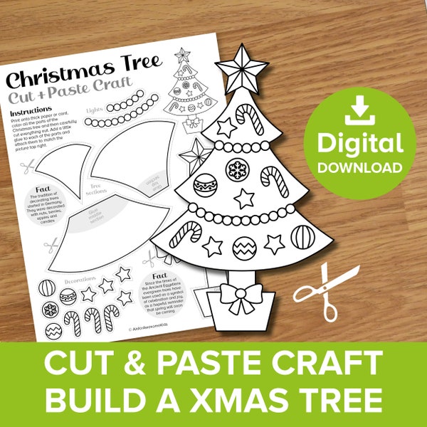 Christmas Tree Cut & Paste Craft, Kids Xmas Card Color and Build Kit, Holiday Season Tree Decoration, Festive Fun Printable Activity Project