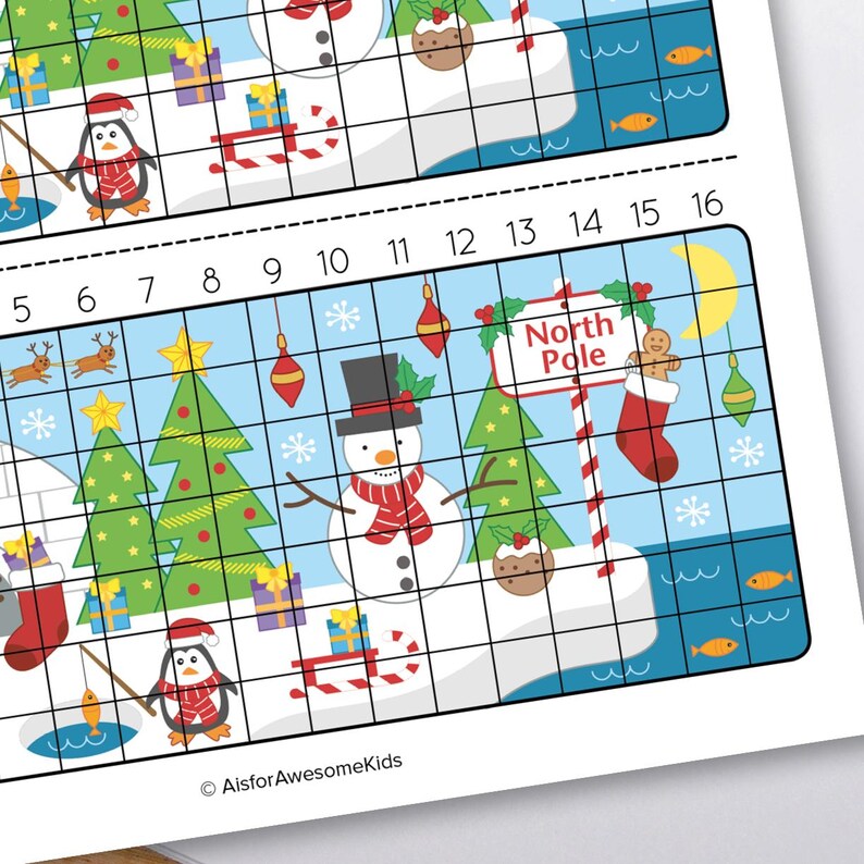 May include: A printable gridded activity sheet featuring a winter scene with a snowman, a penguin, a Christmas tree, and a sign that says "North Pole".