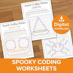Peut inclure: Trois feuilles de calcul imprimables sur le thème d'Halloween pour le codage. Chaque feuille de calcul présente une grille avec une image cachée. Les instructions comprennent le suivi des directions pour révéler l'image cachée. Les images sont un chapeau de sorcière, un visage de citrouille et un fantôme.