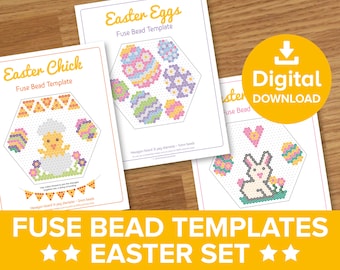 Easter Fuse Bead Templates Bundle, Hama Perler Nabbi Pyssla Beads Craft Pattern Set, Eggs Bunny Chick Bunting Art, Printable Gift Activity