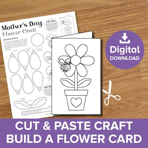 Flower Cut & Paste Craft Printable, Birthday Coloring Art Activity, Build a Spring Plant Pot, Kids Greetings Card Model, Mother's Day Gift