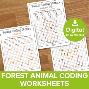 Forest Animals Coding Worksheets, Woodland Creatures Picture Reveal, Autumn Fall Kids Pixel Art, Fox Owl Squirrel Algorithm Code Printable