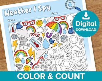 Weather I Spy Worksheet, Spring Eye Spy Color and Count Challenge, Homeschool Resource Coloring Page, Earth Day Educational Math Printable