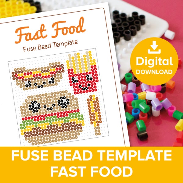 Fast Food Fuse Bead Template, Kawaii Hama Perler Nabbi Pyssla Beads, Kids Burger & Fries Mini Play Food Craft, Small World Hotdog Printable