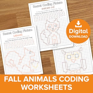 Fall Animals Coding Worksheets, Woodland Creatures Picture Reveal, Autumn Forest Kids Pixel Art, Fox Owl Squirrel Algorithm Code Printable