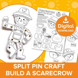 May include: A printable black and white craft activity for kids to build a scarecrow. The printable includes a scarecrow body, a hat, a pocket, a flower, corn, boots, and a sign that says "Excited". The printable also includes instructions for the craft.