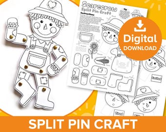 May include: A printable black and white craft activity for kids to build a scarecrow. The printable includes a scarecrow body, a hat, a pocket, a flower, corn, boots, and a sign that says "Excited". The printable also includes instructions for the craft.