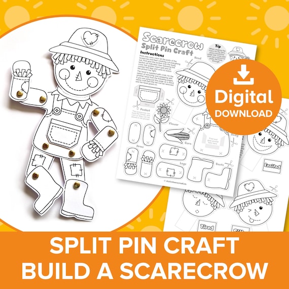 Scarecrow Split Pin Craft, Build a Harvest Guardian Paper Doll, Autumn Fall Coloring Printable, Emotions Puppet Show Educational Model Kit